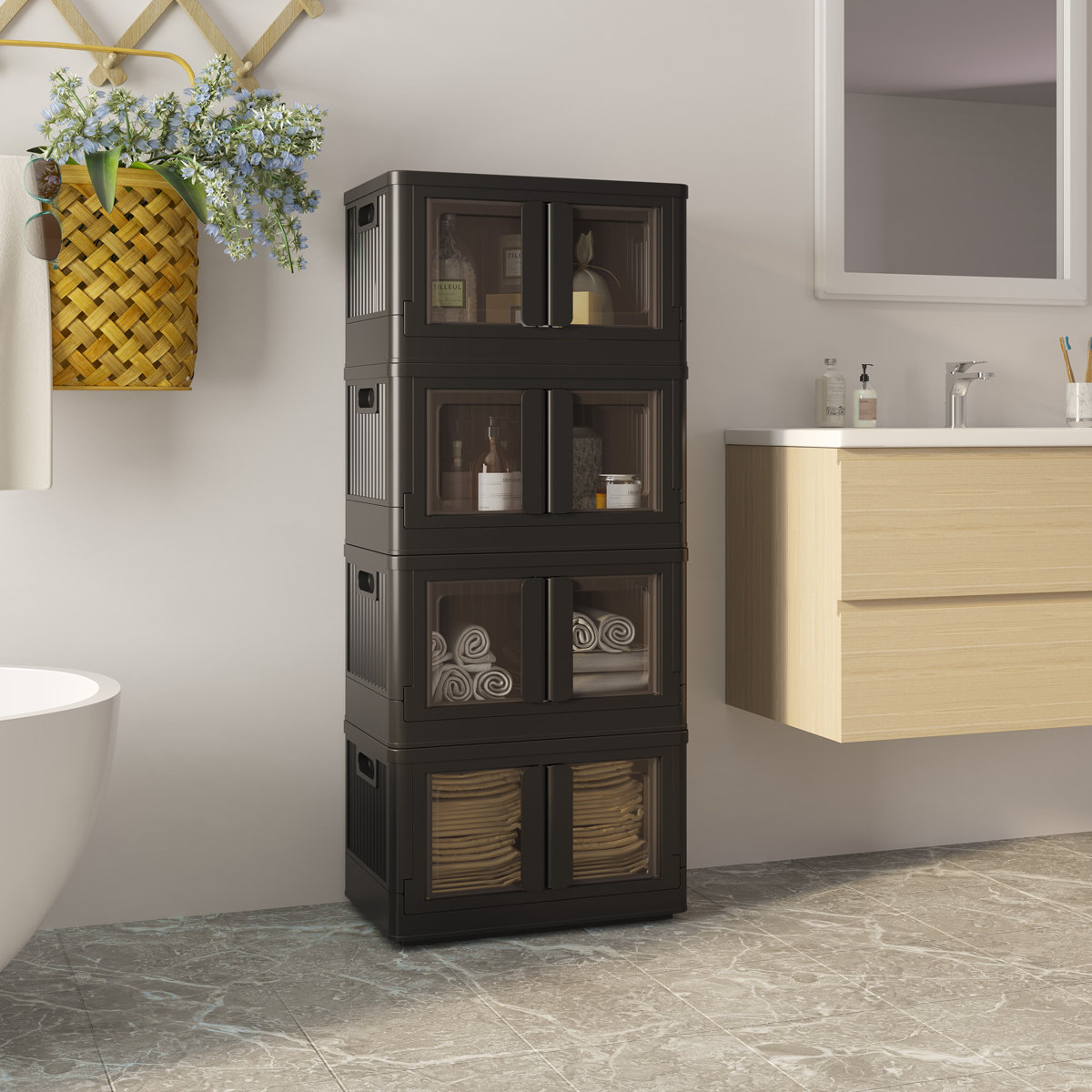 Stackable Collapsible Plastic Storage Bins with Lids,304 QT Closet Organizers with Doors, 25''L x 15.5''W x 56''H (Set of 4)